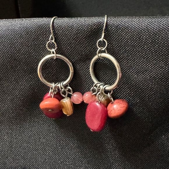 Jewelry - Boho Pink & Coral Stone Dangle Earrings – Silver Hoop Charm Style